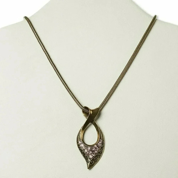 Art Deco Antiqued Brass Geometric Pink Crystal Pendant Necklace - Picture 1 of 2